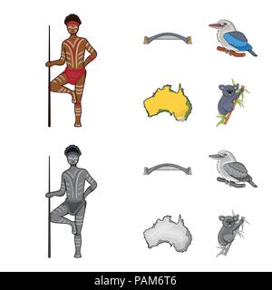 Aborigine mit einem Speer, Sydney Harbour Bridge, kookabarra auf einem Zweig, das Territorium des Landes. Australien set Sammlung Icons im Cartoon, monochrom Stock Vektor