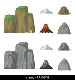 Schroffe Felsen, ein Vulkanausbruch, ein Berg mit einem Strand, einem Gletscher. Verschiedene berge Sammlung Icons im Cartoon, Schwarzweiß-Stil Vektor sym Stock Vektor