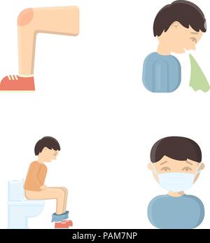 Ein Fuß mit einem Bluterguss im Knie, Niesen krank, ein Mann auf der Toilette sitzen, ein Mann in einem medizinischen Maske. Sick set Sammlung Icons im Comic-stil vect Stock Vektor