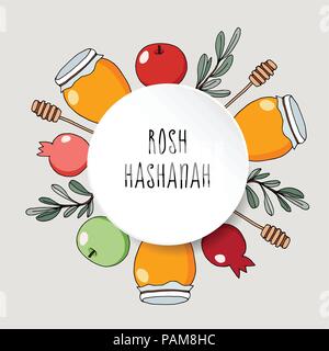 Das jüdische Neujahrsfest Rosh Hashana Grußkarte, Einladung mit Hand gezeichnet doodle Honigtopf, Blätter, applepomegranate Obst. Vector Illustration Hintergrund. Stock Vektor