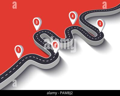 Reise und Reise Route. Business und Reise Infografik Design Template mit Pin Pointer. Kurvenreiche Straße auf einen farbigen Hintergrund. Vector EPS 10. Stock Vektor