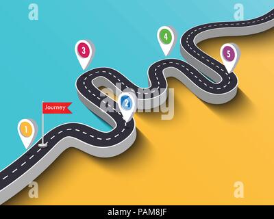 Reise und Reise Route. Business und Reise Infografik Design Template mit Pin Pointer. Kurvenreiche Straße auf einen farbigen Hintergrund. Vector EPS 10. Stock Vektor
