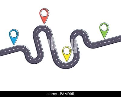 Reise und Reise Route. Reise Infografik flache Design Vorlage mit Pin Pointer. Kurvenreiche Straße auf einen farbigen Hintergrund. Vector EPS 10. Stock Vektor
