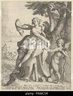 Venus mit Amor seine Pfeile zu schießen auf dem Pluto. Artist: Nach Bartholomeus Spranger (Niederländischen, Antwerpen 1546-1611 Prag); Pieter de Jode I (Niederländischen, Antwerpen 1570 - Antwerpen 1634). Maße: Blatt: 9 15/16 x 7 15/16 in. (25,3 × 20,1 cm). Herausgeber: Claes Jansz. Visscher (Niederländisch, Amsterdam 1586-1652 Amsterdam). Datum: Ca. 1590-92. Museum: Metropolitan Museum of Art, New York, USA. Stockfoto