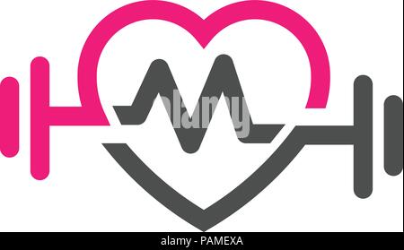 Liebe fit mit Puls logo Vektor, Herz schreiben m Zeichen, Puls und Hantel logo, Fitness und Herz Symbol Vektor, Gesundheitswesen Sport Medizin und Wissenschaft Stock Vektor