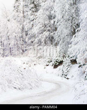 Gefrorene winter Straße in den Karpaten bedeckt mit Schnee Stockfoto
