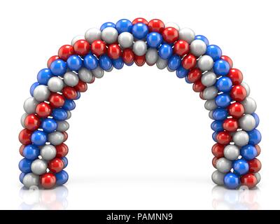Arc aus weiß, rot blau Luftballons 3D-Render Abbildung auf weißem Hintergrund Stockfoto