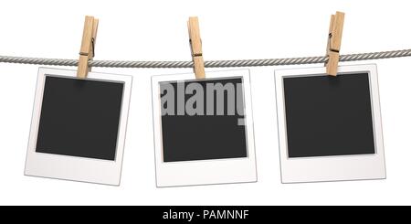 Kleidung Pin und drei leere Photopapiere hängend am Seil 3D-Render Abbildung auf weißem Hintergrund Stockfoto