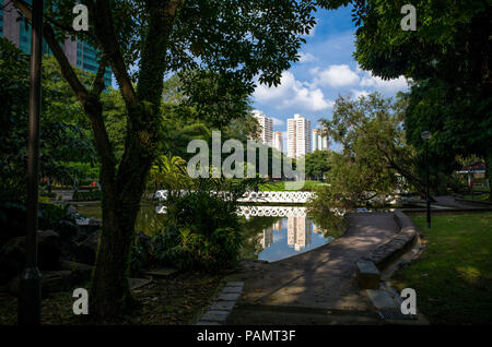 Wald Gehweg entlang des Wassers mit Brücke und Stadtbild - Toa Payoh Park, Singapur Stockfoto