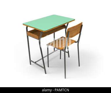 Schule, Schreibtisch mit Stuhl, auf weißem Hintergrund. Stockfoto