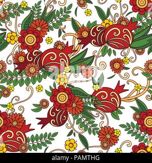 Granatapfel nahtlose Muster. Florale vektor Rapport mit dekorativen Granatapfel Obst, Blumen und Blätter. Auf weissem Hintergrund. Vecto Stock Vektor