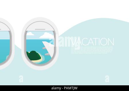 Flugzeug Fenster anzeigen. Blick auf die tropische Insel Strand vom Flugzeug Fenster. Reiseziele für Sommerferien Stock Vektor