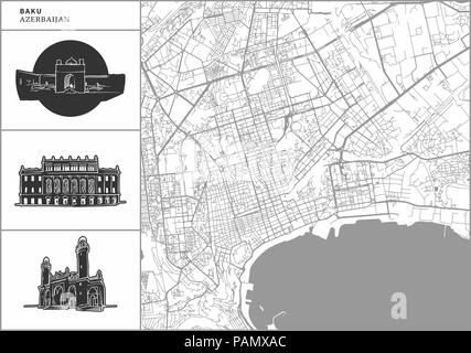Baku Stadtplan mit Hand gezeichnete Architektur Symbole. Alle drawigns, Karte und Hintergrund für einfache Farbe ändern getrennt. Einfache Neupositionierung im Vektor versi Stock Vektor