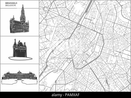 Brüssel Stadtplan mit Hand gezeichnete Architektur Symbole. Alle drawigns, Karte und Hintergrund für einfache Farbe ändern getrennt. Einfache Neupositionierung im Vektor v Stock Vektor