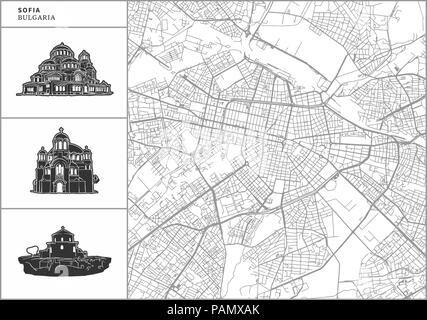 Sofia Stadtplan mit Hand gezeichnete Architektur Symbole. Alle drawigns, Karte und Hintergrund für einfache Farbe ändern getrennt. Einfache Neupositionierung im Vektor vers Stock Vektor