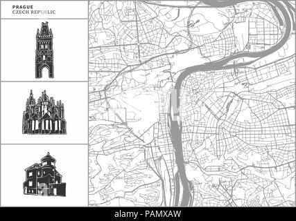 Prag Stadtplan mit Hand gezeichnete Architektur Symbole. Alle drawigns, Karte und Hintergrund für einfache Farbe ändern getrennt. Einfache Neupositionierung im Vektor ver Stock Vektor