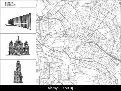 Berliner Stadtplan mit Hand gezeichnete Architektur Symbole. Alle drawigns, Karte und Hintergrund für einfache Farbe ändern getrennt. Einfache Neupositionierung im Vektor ver Stock Vektor