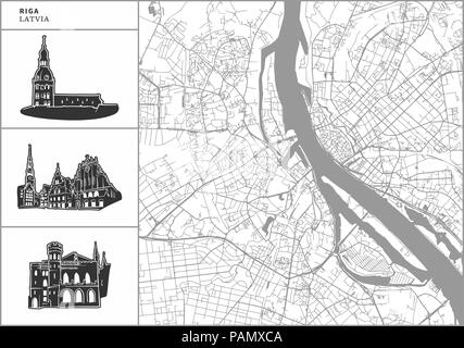 Stadt Riga Karte mit Hand gezeichnete Architektur Symbole. Alle drawigns, Karte und Hintergrund für einfache Farbe ändern getrennt. Einfache Neupositionierung im Vektor versi Stock Vektor