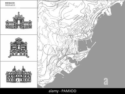 Monaco Stadtplan mit Hand gezeichnete Architektur Symbole. Alle drawigns, Karte und Hintergrund für einfache Farbe ändern getrennt. Einfache Neupositionierung im Vektor ver Stock Vektor