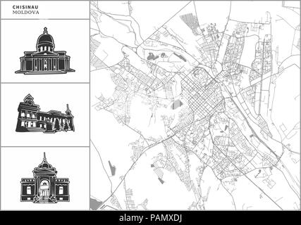 Chisinau Stadtplan mit Hand gezeichnete Architektur Symbole. Alle drawigns, Karte und Hintergrund für einfache Farbe ändern getrennt. Einfache Neupositionierung im Vektor v Stock Vektor