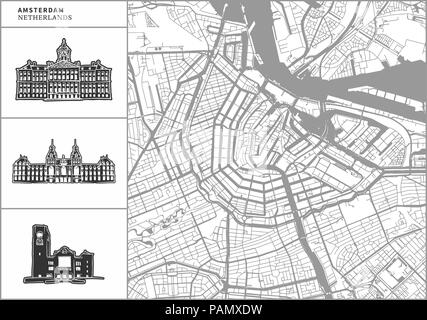 Amsterdam Stadtplan mit Hand gezeichnete Architektur Symbole. Alle drawigns, Karte und Hintergrund für einfache Farbe ändern getrennt. Einfache Neupositionierung im Vektor Stock Vektor