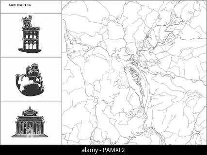 San Marino Stadtplan mit Hand gezeichnete Architektur Symbole. Alle drawigns, Karte und Hintergrund für einfache Farbe ändern getrennt. Einfache Neupositionierung im Vektor Stock Vektor