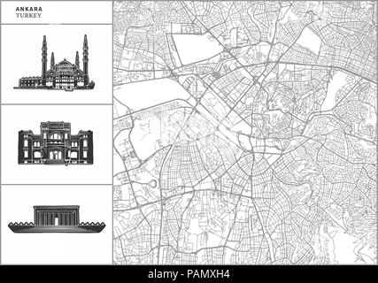 Ankara Stadtplan mit Hand gezeichnete Architektur Symbole. Alle drawigns, Karte und Hintergrund für einfache Farbe ändern getrennt. Einfache Neupositionierung im Vektor ver Stock Vektor