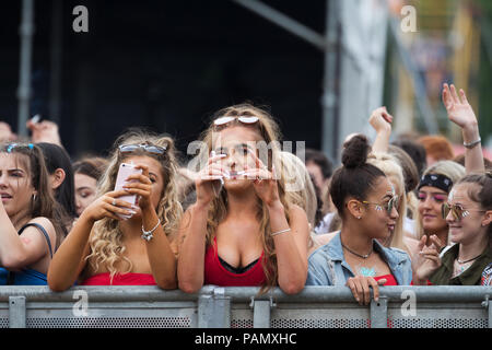 Sehr große Massen genießen Sie ein tolles Wochenende mit live Musik im Liverpool International Music Festival 2018 in Sefton Park Liverpool UK. Stockfoto