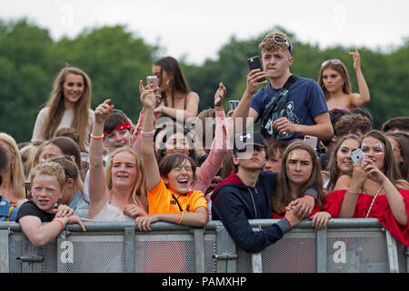 Sehr große Massen genießen Sie ein tolles Wochenende mit live Musik im Liverpool International Music Festival 2018 in Sefton Park Liverpool UK. Stockfoto