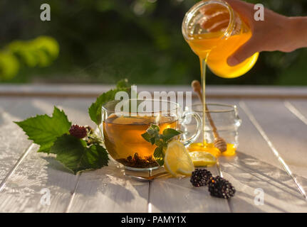 Gesundes Frühstückskonzept. Tee mit Zitrone, Beeren und Honig in einem Glas. Eine Frau schenkt Honig ein. Langsames Leben. Stockfoto