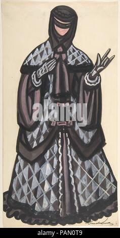 Maskierte Frau. Artist: Sergey Sudeykin (Russisch, Smolensk 1882-1946 Nyack). Maße: Blatt: 16 15/16 x 8 11/16 in. (43,1 x 22 cm). Datum: Erste Hälfte 20. Jahrhundert. Design für ein Kostüm für eine maskierte Frau, möglich von Malta oder Spanien (?), eine von 34 Kostümentwürfe für N. Evreinoff's Play' Die Hauptsache", am Theater Guild, New York City, 1926 produziert. Ihr Kostüm besteht aus einem langen, schwarzen und weißen Diamanten gemusterten Fell mit weiten Ärmeln und Schwarz, gekräuselten Grenzen, über einem schwarzen Kleid. Ein schwarzer Schal um den Kopf gebunden, auch die meisten ihr Gesicht. Schwarze und weiße Handschuhe compleme Stockfoto