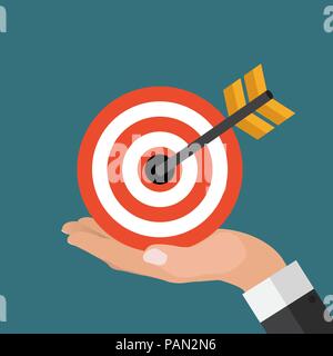 Business Konzept mit Hand des Kaufmanns Ziel mit Pfeil im modernen Stil. Vector Illustration Stock Vektor