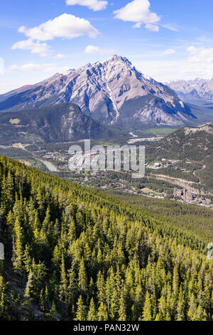 Die Stadt Banff fotografiert von der Banff Gondola in den Rocky Mountains, Banff, Alberta, Kanada Stockfoto