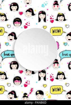 Mädchen Banner mit Anime emoji Muster. Süße Aufkleber mit emotico Stock Vektor