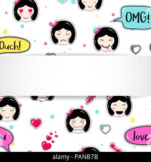 Mädchen Banner mit Anime emoji Muster. Süße Aufkleber mit emotico Stock Vektor