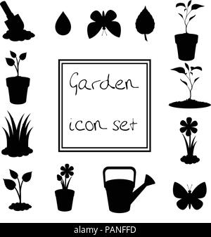 Schwarze Silhouetten von Garten Symbole auf weißem Hintergrund. Vektor Illustrationen, Symbole, Zeichen, Vorlagen für Design. Stock Vektor