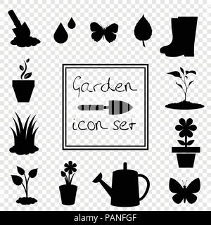 Gartenarbeit Symbole auf Transparenten Hintergrund isoliert. Schwarze Silhouetten von Vektor Illustrationen, Symbole, Zeichen, Vorlagen für Design. Stock Vektor