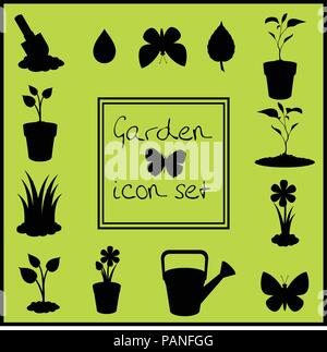 Schwarze Silhouetten von Garten Symbole gesetzt auf grünem Hintergrund isoliert. Vektor Illustrationen, Symbole, Zeichen, Vorlagen für Design. Stock Vektor