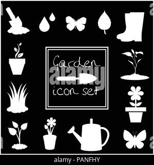 Garten Symbole auf schwarzem Hintergrund isoliert. Weiße Silhouetten von Vektorgrafiken, Symbole, Zeichen, Vorlagen für Design. Stock Vektor