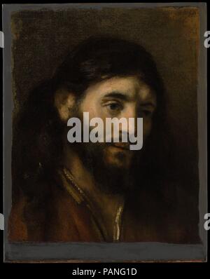 Kopf des Christus. Artist: Stil von Rembrandt (Holland, 1650). Abmessungen: 16 3/4 x 13 1/2 in. (42,5 x 34,3 cm); mit zusätzlichen Streifen 18 5/8 x 14 5/8 in. (47,3 x 37,1 cm). Rembrandt malte Diese betrifft eine Anzahl von Zeiten; drei Beispiele, beschrieben als "Een Christus tonie Nae't leven" (ein Kopf des Christus aus dem Leben getan," das ist, von einem Modell wahrscheinlich im jüdischen Viertel von Amsterdam gefunden), wurden im Jahre 1656 bestand der Besitztümer der Künstler zitiert. Der dutzend Büste - Länge Porträts von Christus heute bekannt, nur die kleinen Panel in Berlin wird allgemein akzeptiert, aber einige andere sind offensichtlich Stockfoto