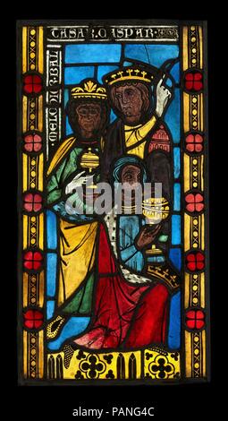 Die Anbetung der Heiligen Drei Könige. Kultur: Deutsch. Abmessungen: 30 1/8 x 14 in. (76,5 × 35,6 cm). Datum: Ca. 1290-1300. Die Klosterkirche in Altenberg-an-der-Lahn in seiner heutigen Form wurde zwischen 1250 und 1267 unter der gebietsabtei von Gertrud von Nassau (d begonnen. 1297), und der Bau dauerte bis etwa 1280. Diese Panels (acc.-Nr. 2003.478.1,.2), ausgeführt, kurz danach, kam von der Apsis Fenster. Während der secularizations entfernt, sie wurde das Anwesen im Jahre 1804 von Graf Franz von Erbach, die hatte sie in seinem privaten Grabkunst Kapelle im Schloss Erbach, wo Sie bis Abo blieb installiert Stockfoto