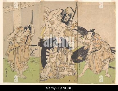 Kabuki Schauspieler Ichikawa Yaozo II, Nakajima Ichikawa Ebizo Mihoemon II, III, und Ichimura Uzaemon IX in der Play Sugawara Geheimnisse der Kalligraphie (Sugawara denju tenarai Kagami). Artist: Shunsho Katsukawa (Japanisch, 1726-1792). Kultur: Japan. Abmessungen: Insgesamt: 12 5/8 x 17 7/16 in. (32,1 x 44,3 cm); Bild: 12 9/16 x 5 3/4 in. (31,9 x 14,6 cm). Datum: 7. Monat 1776. Museum: Metropolitan Museum of Art, New York, USA. Stockfoto