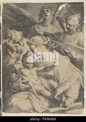 Heilige Familie und zwei Music-Making Engel. Artist: Jan Muller (Niederländischen, Amsterdam 1571-1628 Amsterdam); Nach Bartholomeus Spranger (Niederländischen, Antwerpen 1546-1611 Prag). Maße: Blatt: 11 7/16 x 8 7/16 in. (29 × 21,4 cm). Herausgeber: Harmen Jansz. Muller (Niederländischen, Amsterdam Ca. 1540-1617 Amsterdam). Datum: Ca. 1590. Museum: Metropolitan Museum of Art, New York, USA. Stockfoto