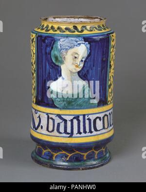 Apothecary jar (albarello). Kultur: Italienisch, Castelli. Abmessungen: Höhe: 7 11/16 in. (19,5 cm). Datum: Ca. 1530-40. Museum: Metropolitan Museum of Art, New York, USA. Stockfoto