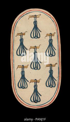 7 Anbindehaltung, aus den Kreuzgängen Karten spielen. Kultur: Süden Niederländischen. Abmessungen: 5 3/16 x 2 3/4 in. (13,2 x 7 cm). Datum: Ca. 1475-80. Die Klöster von zweiundfünfzig Karten stellt die einzige bekannte ganzes Deck von beleuchteten gewöhnlichen Spielkarten (im Gegensatz zu tarot Karten) aus dem 15. Jahrhundert. Es gibt vier Farben, die jeweils aus einem König, Dame, Bube und Zehn Zahlenkarten. Die Farbzeichen, an Geräten mit der Jagd verbunden, sind Jagdhörner, Hundehalsbänder, hound Anbindehaltung, Spiel und Schlingen. Der Wert des PIP-Karten ist durch entsprechende Wiederholungen des s angezeigt Stockfoto