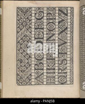 Giardineto novo di punti tagliati et gropposi pro exercitio & ornamento delle Donne (Venedig 1554), Seite 20 (verso). Binder: Lloyd, Wallis & Lloyd (Briten, nach 1821 aktiv, London). Abmessungen: 7-5/8 x 6-3/8 x 1/4 in. (19,4 x 16,2 x 0,6 cm). Herausgeber: Matteo Pagano (Italienisch, 1515-1588). Datum: 1554. Von Matteo Pagano, Italienisch, 1515-1588, von Lloyd, Wallis & Lloyd, Britischen, aktive London gebunden nach 1821 veröffentlicht. Von oben nach unten und von links nach rechts: Design aus 5 Spalten auf Raster gedruckt. Erste Spalte ist mit wechselnden Muster von 'X- und eingerichtet. Zweite Spalte Stockfoto