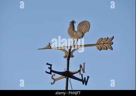 Direktionale Wetterfahne in der Form einer Hahn Kennzeichnung Nord, Süd, Ost und West, mit Pfeil mit Federn, auf dem der Hahn steht, USA. Stockfoto