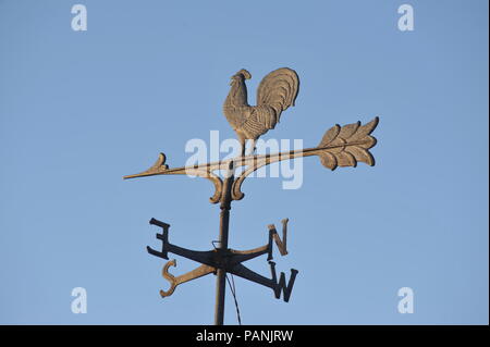 Direktionale Wetterfahne in der Form einer Hahn Kennzeichnung Nord, Süd, Ost und West, mit Pfeil mit Federn, auf dem der Hahn steht, USA. Stockfoto