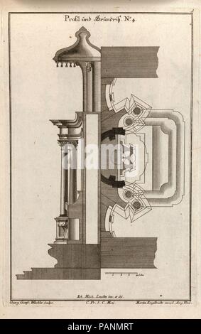 Grundriss und Seitenansicht eines Altars, Platte d (2) von "Unterschiedliche Neu Inventierte Altäre mit darzu gehörigen Profillen U. Grundrißen.". Artist: Nach Johann Michael Leüchte (Deutsch, aktive Augsburg, gestorben 1759). Abmessungen: Insgesamt: 8 7/16 x 13 3/4 in. (21,5 × 35 cm). Engraver: Georg Gottfried Winckler (Deutsch, 1710-1786). Herausgeber: Martin Engelbrecht (Deutsch, Augsburg 1684-1756 Augsburg). Datum: gedruckt werden kann. 1750-56. Ornament drucken mit der Seitenansicht und der Grundriss des Design für einen Altar in der vorherigen Ausdrucken (Altar in einer spätbarocken Stil, mit einem großen Architectura Stockfoto