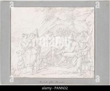Eine Gruppe von Römischen Banditen mit ihren Familien und Freunden nach einem Diebstahl. Artist: Dietrich Wilhelm Lindau (Deutsch, Dresden 1799-1862 Rom). Maße: Blatt: 8 7/8 x 10 7/16 in. (22,5 × 26,5 cm). Datum: 1824. Museum: Metropolitan Museum of Art, New York, USA. Stockfoto